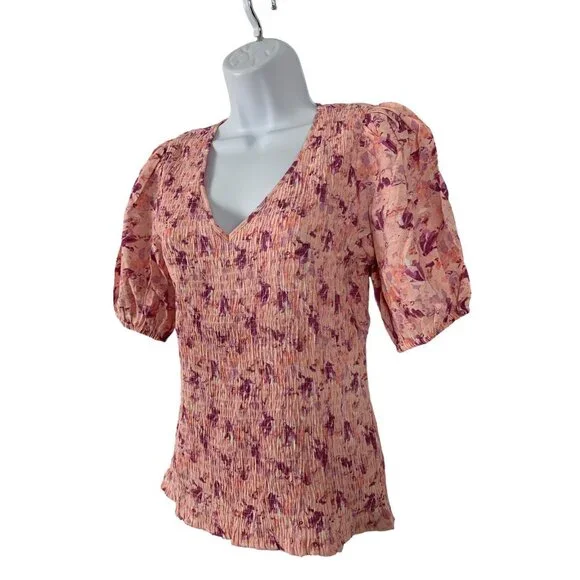 Nine West Womens Floral V-Neck Blouse With Puff Sleeves Size Small - Picture 4 of 9